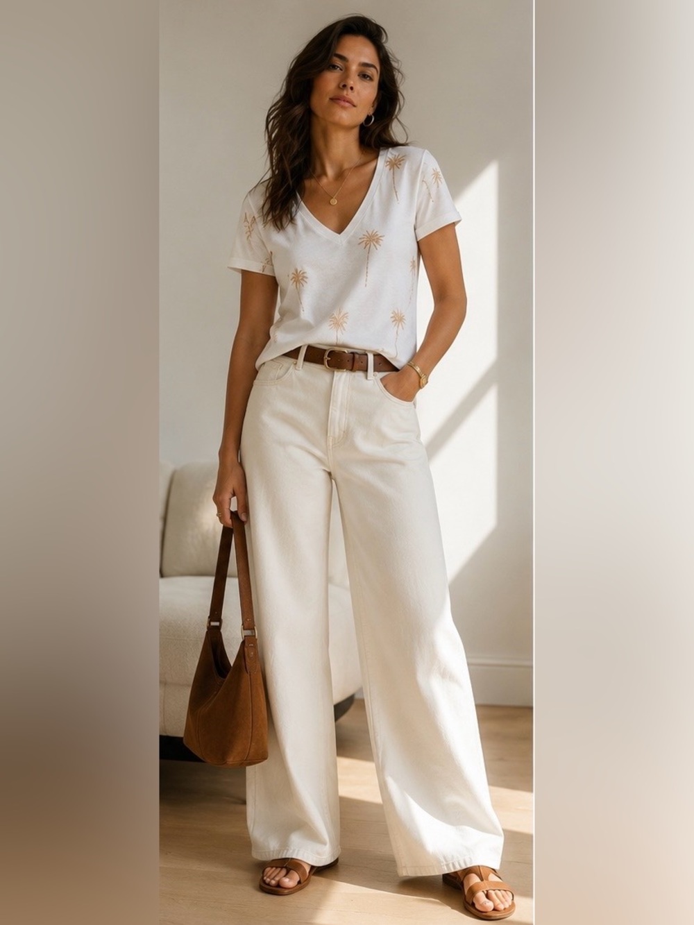 Rails White Tee with Tan Palm Print